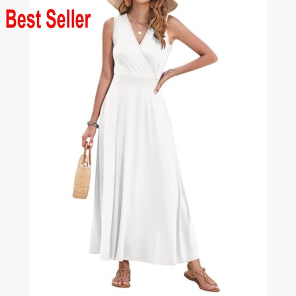 Polyester Spandex Maxi Dress Sleeveless V-Neck Wrap Waist with Pockets - Picture 3 of 5